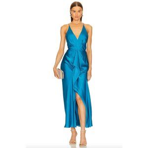 SIMKHAI Giana Draped Gown Maxi Dress Satin Adjustable Strap Size 4 Phthalo Blue